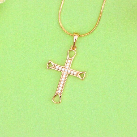 "Elegant Rose Gold Cross Pendant with CZ Stones and Cutout Design, XPPT1848 - Picture 3 of 13